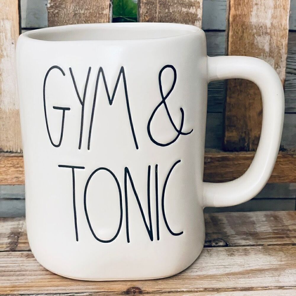 NWT Rae Dunn Gorgeous White & Black Letters GYM & TONIC Matte Ceramic Mug